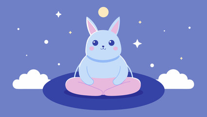 Cute blue bunny meditating peacefully under the night sky with stars and moon