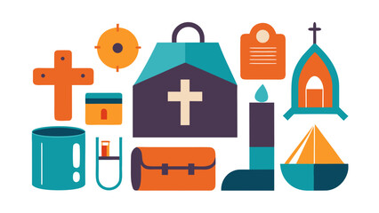Flat design set of colorful Christian camp elements including crosses, churches, candle, and gear