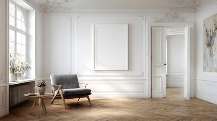A bright, elegant interior showcases a classic room with white walls, ornate moldings, and a herringbone wood floor, featuring a comfortable chair and a blank canvas ready for artful display,