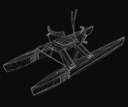 A 3D wireframe model of a catamaran seaplane, showcasing its sleek design and structural details on a black background. The intricate mesh highlights the aircraft's aerodynamic shape and twin-hull.