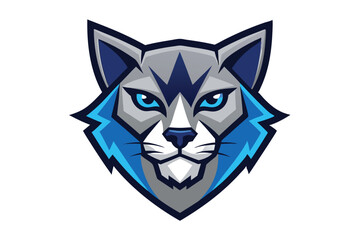 A fierce wolf head shows bold blue and grey coloring in angular illustration