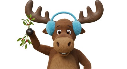 Cartoon moose wearing earmuffs and hanging mistletoe from one antler — isolated on a white background


