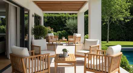 Obraz premium Outdoor Patio with Teak Furniture and Lush Greenery