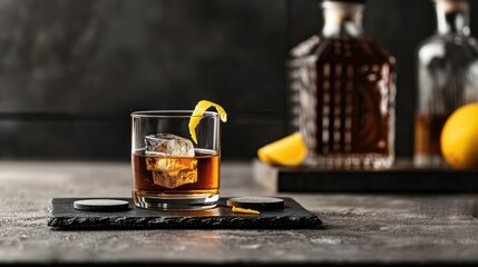 Elegant whiskey cocktail with ice, a lemon peel garnish, and beautiful liquor bottles set against a dark background creating a classy ambiance.