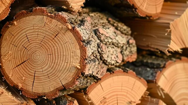 Stack of cut logs with visible rings, wood texture in close-up view
