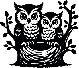 Pair of Owls in a Tree Nest Black and White Silhouette for Autumn Decor and Wildlife Art Projects