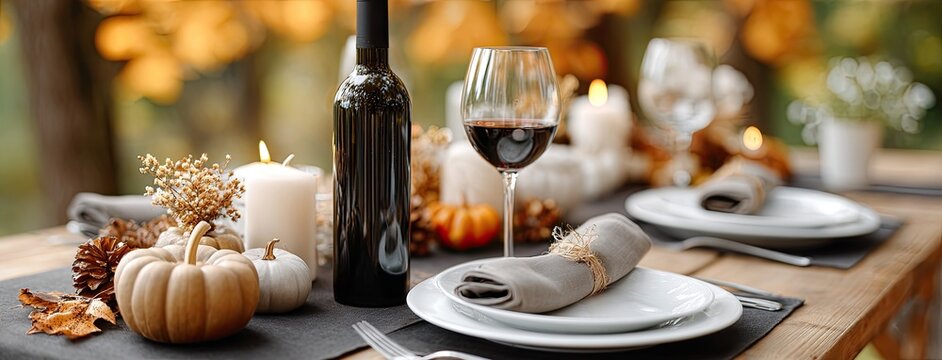 This autumn dining setup features white plates, a wine glass, and decorations including pumpkins, flowers, and candles, creating warmth