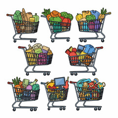 Shopping carts filled with groceries, toys, and household items