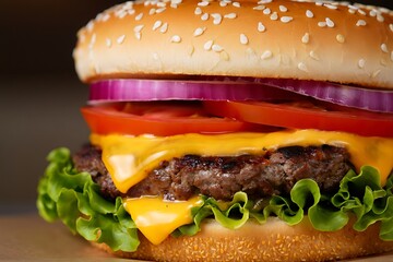 Delicious Classic Beef Burger With Melted Cheese Fresh Lettuce Tomatoes and Red Onion
