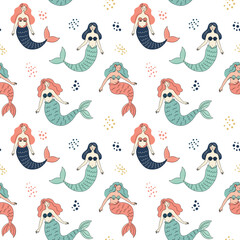 Seamless mermaid pattern with colorful characters and aquatic elements