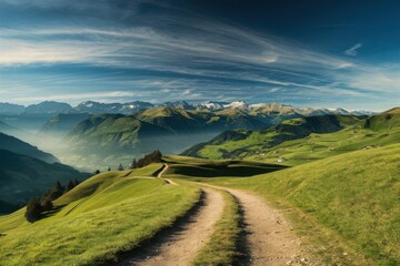 Winding dirt path through lush green alpine meadows towards snow capped mountains