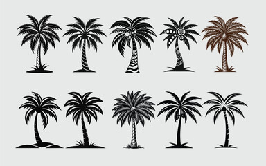 Obraz premium Tropical Palm Tree Silhouettes – Black and White Vector Set for Summer Designs