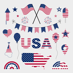 Flat style icon set with patriotic American symbols: map, bunting, flag, party hat, star, and fireworks.