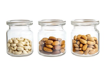 Assorted nuts in glass jars displayed on white showcase healthy eating and diverse snack options for any occasion.