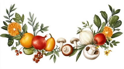 Autumn harvest fruits vegetables wreath, white background, food blog