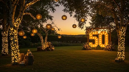 Magical 50th birthday celebration with illuminated numbers and enchanting garden lights outdoor - Powered by Adobe