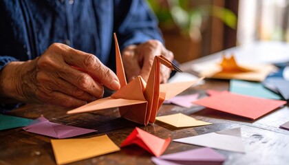 Elderly person skillfully folding an orange origami crane surrounded by colorful paper squares