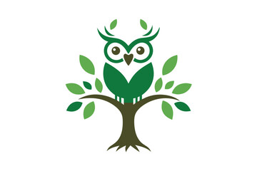Green owl perched on a tree branch with leaves