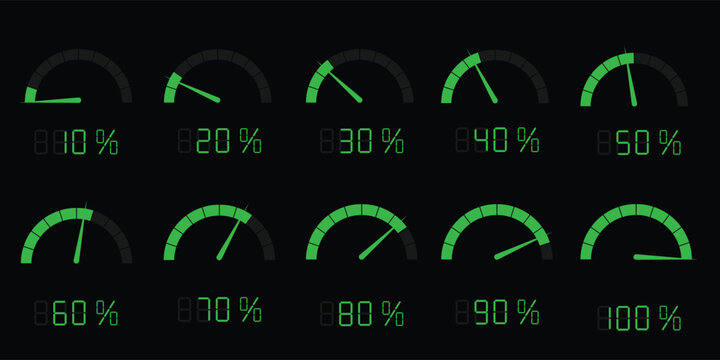 Speedometer gauge meter icon set from 10% to 100% for infographic