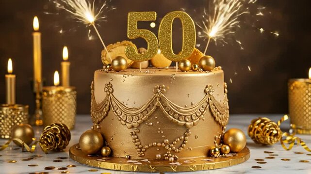 Celebrating golden 50th birthday with festive cake and sparklers, a milestone celebration, joyful