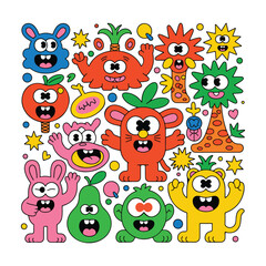 Obraz premium Group of colorful cartoon monsters and fruit characters