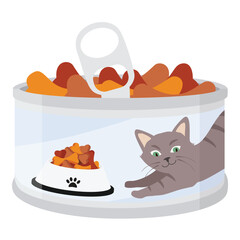 Tin can with wet cat food. Pet food container for cats and kittens