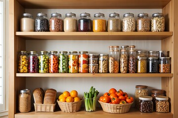 Organized Kitchen Pantry With Jars Of Food And Fresh Produce