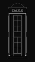 A black and white drawing of a telephone booth stands out against a dark background. The clean white outline gives it a classic and minimalist appearance.