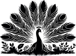 Lush Garden Peacock Silhouette with Feathers Fully Spread for Wall Decor and Gifts.