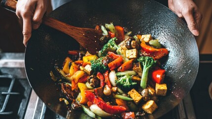 Stir-fried colorful vegetables and tofu in a wok