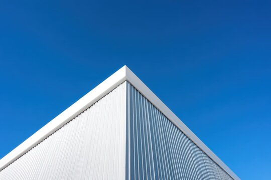Corner of a metal building under a clear blue sky used for industrial architecture