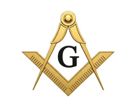 A Masonic square and compasses symbol with the letter "G" in the center, classic design in gold and black, centered and isolated on a transparent background