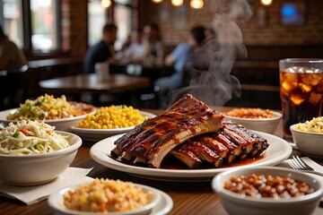 Delicious Barbecue Pork Ribs With Sides Served At A Casual Restaurant