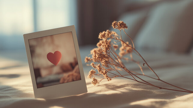 Vintage photo frame with heart shape and dried flowers on bed  