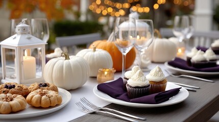 Warmly lit table adorned with pumpkins, ghost-decorated cookies, cupcakes, purple napkins, and lanterns creates a spooky Halloween vibe