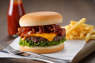 Delicious Bacon Cheeseburger with Crispy French Fries and Ketchup Bottle Served on a Wooden Board