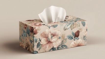 Beige Tissue Box with Pastel Floral Pattern on Neutral Background.