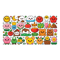 Fototapeta premium Kawaii cartoon characters sun moon clouds flowers animals and fruits