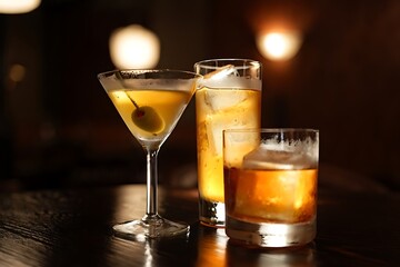 Delicious Cocktails with Ice and Olives on a Dark Table