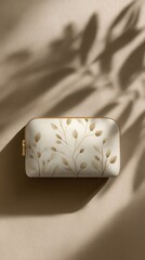 Beige Rectangular Pouch Mockup with Leaves and Shadow.