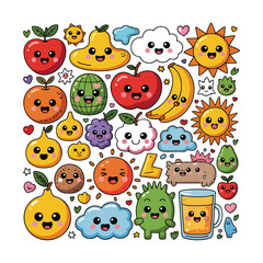 Naklejka premium Kawaii fruits and sun characters with clouds and juice