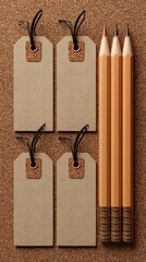 Beige Rectangular Tags with Cork Detail and Pencils on Textured Surface.