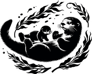 Sea Otter Family with Kelp in Black and White. Otter Silhouette Art for Creative Wall Prints 