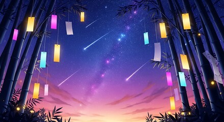 Magical Starry Night Sky Over Bamboo Forest Illuminated by Colorful Hanging Lanterns