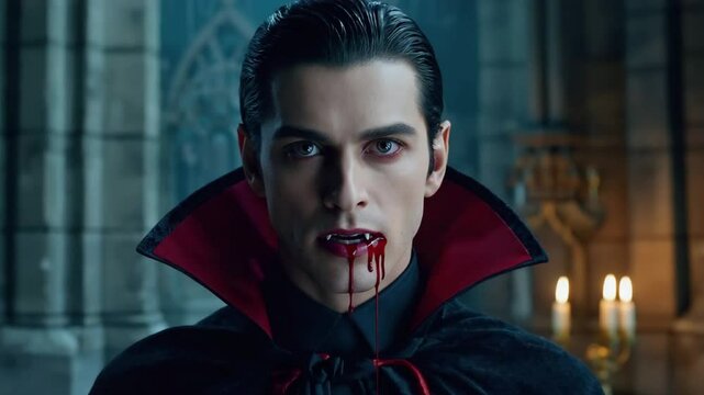 Portrait of a Vampire with Blood on Lips in Gothic Castle