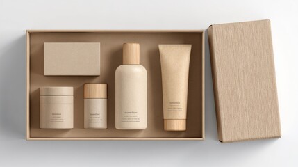 Beige Cosmetic Set in Kraft Box Mockup.