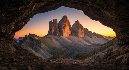 View of tre cime di lavaredo mountains from a cave opening at sunset in the italian dolomites