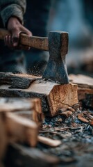 Close-up axe chopping wood