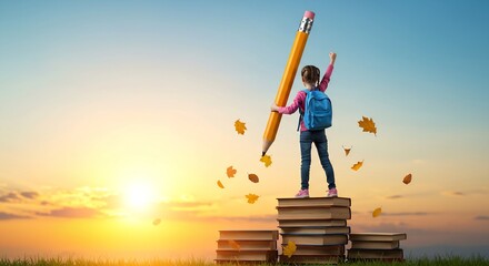 Joyful Schoolgirl Holding Giant Pencil, Standing on Stack of Books at Sunset, Back to Camera, Autumn Leaves Falling