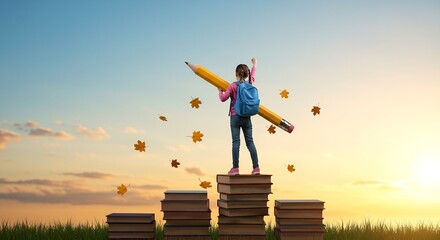 Triumphant Schoolgirl Holding Giant Pencil, Standing on Stack of Books at Sunset, Education Concept